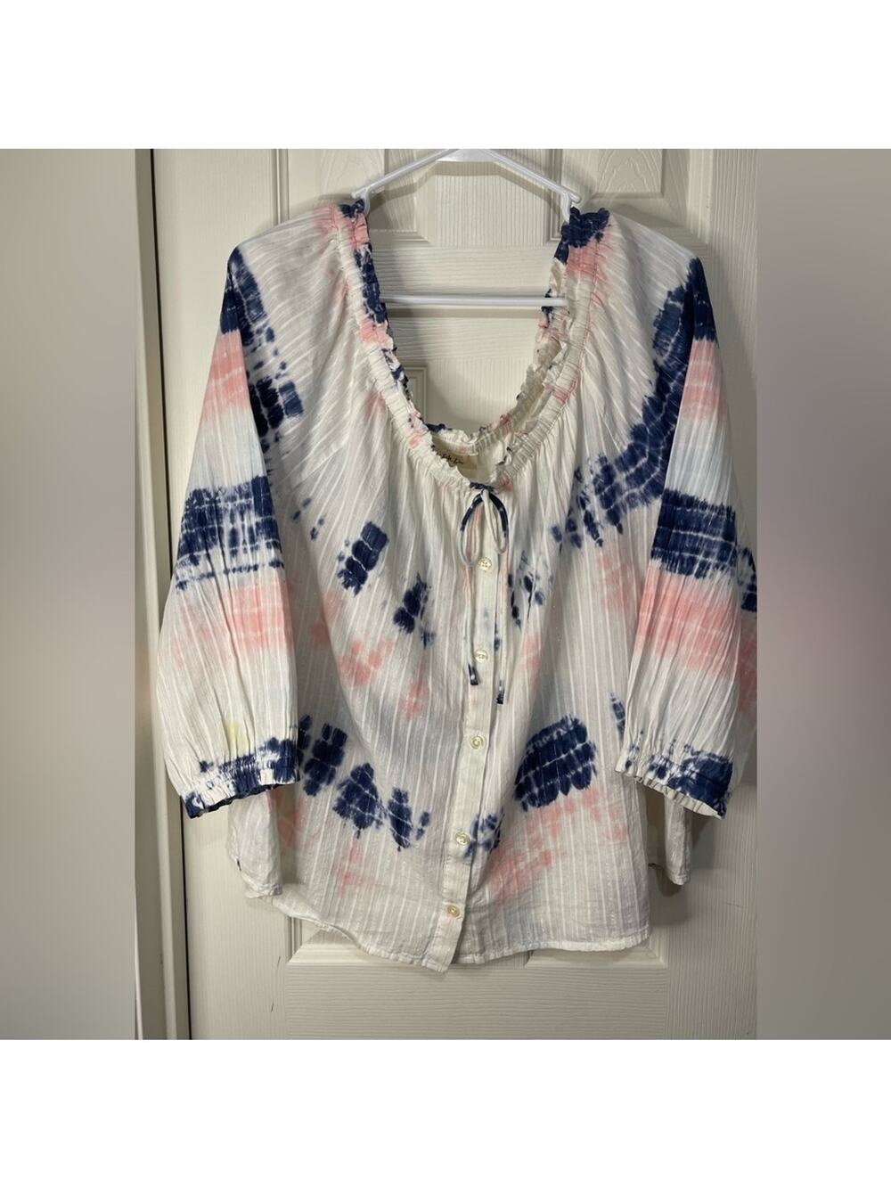 Style & Co Bohemian Tie Dye White Off the Shoulder Metallic Threaded Top sz XL